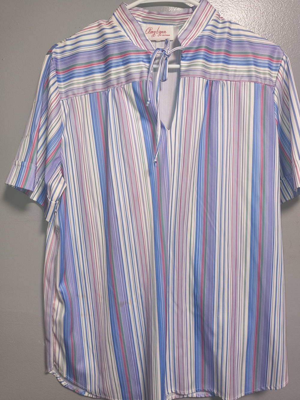 Vintage Pastel Multicolor Striped Tie-Neck Blouse